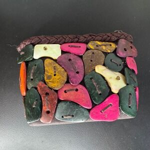 Hand Beaded Boho Chic‎ Coin Purse Colorful Button Accents Small Zip Wallet